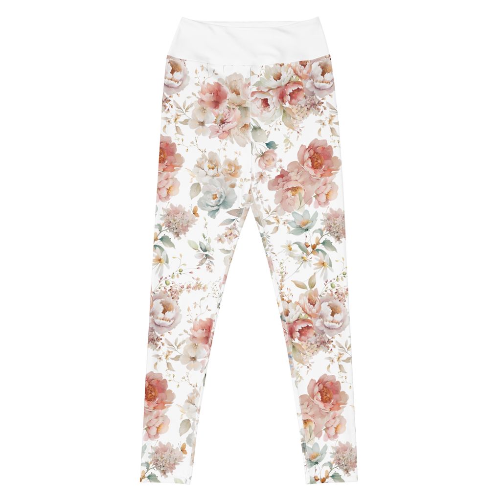 Blush Garden Yoga Leggings featuring warm coral and blush tones suggesting a romantic spring garden.